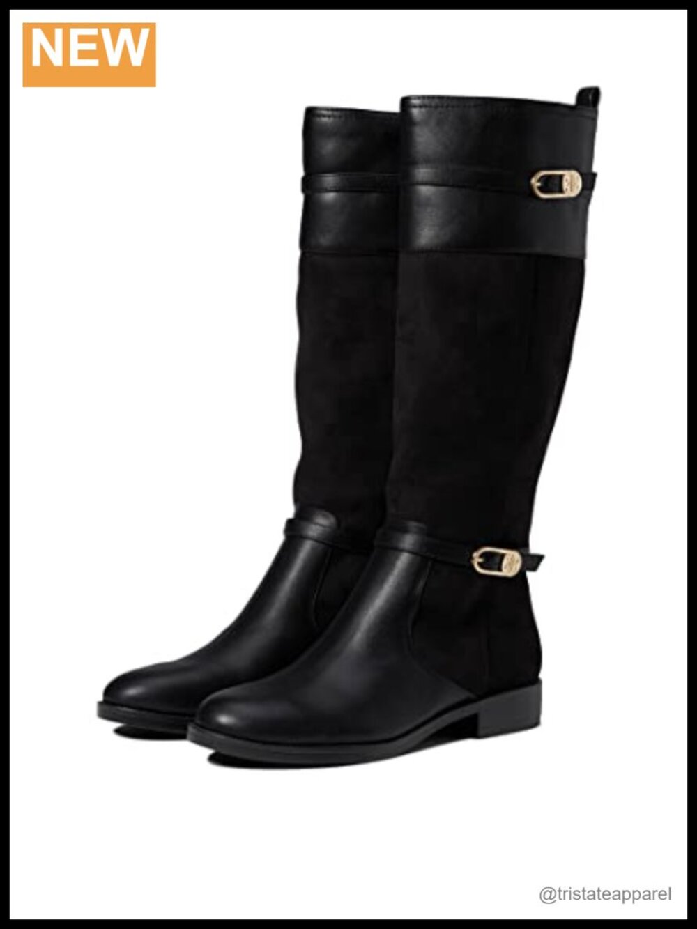 Round Toe Block Heel Zip Riding Boots with Straps